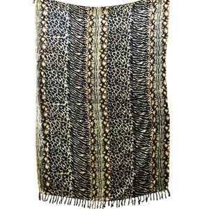 Pareos Sarong Scarf Animal Print Fringe Brown Tan Rayon Lightweight Beachy